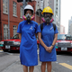 Students wear gas masks and helmets during a human-chain rally in Hong Kong’s Western district.